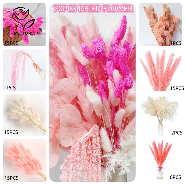 Natural Pampas Pink Flowers Bunny Tails Gem Grass Bouquet Wedding Decor