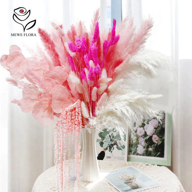 Natural Pampas Pink Flowers Bunny Tails Gem Grass Bouquet Wedding Decor